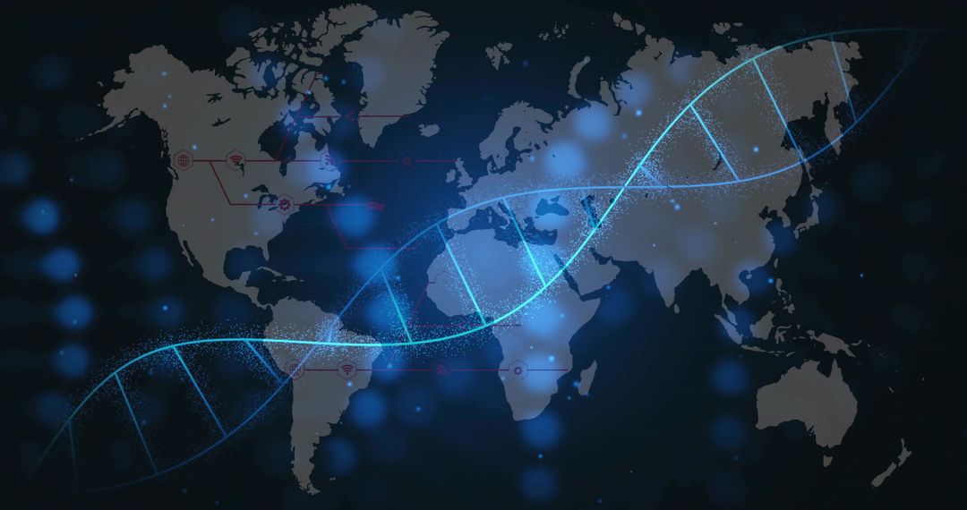 Digital DNA Helix Crossing Global Map with Futuristic Connectivity