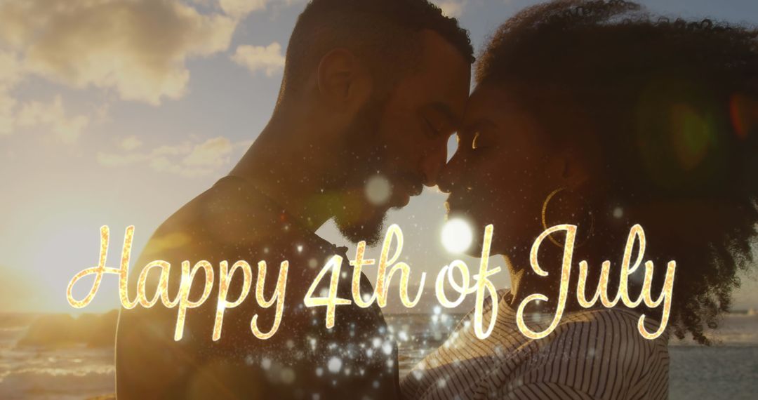 Couple Embracing at Sunset with 4th of July Greeting