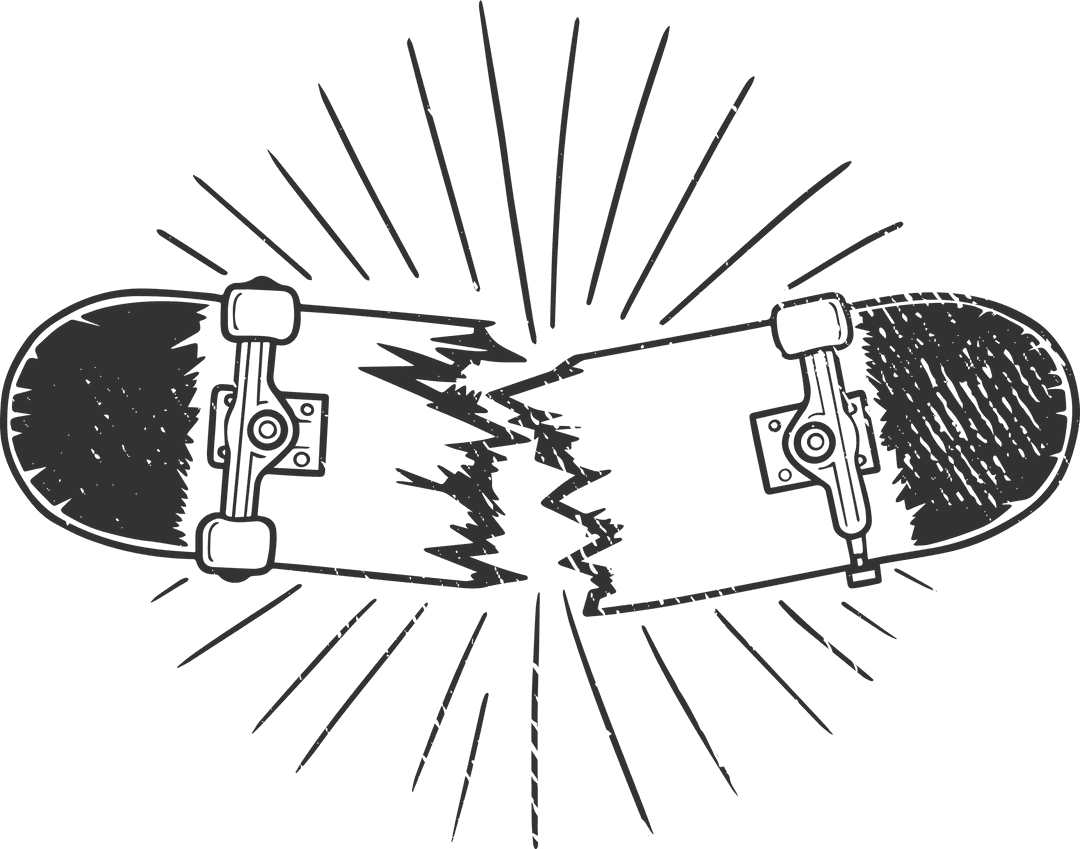 Shattered Skateboard Displayed on Transparent Background