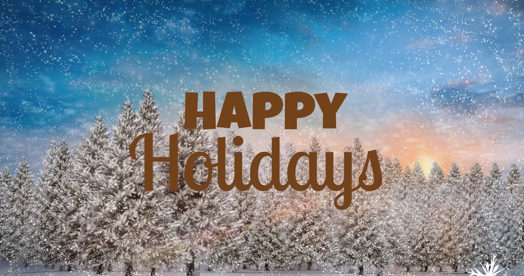 Happy Holidays with Snowy Fir Trees and Sunset Sky