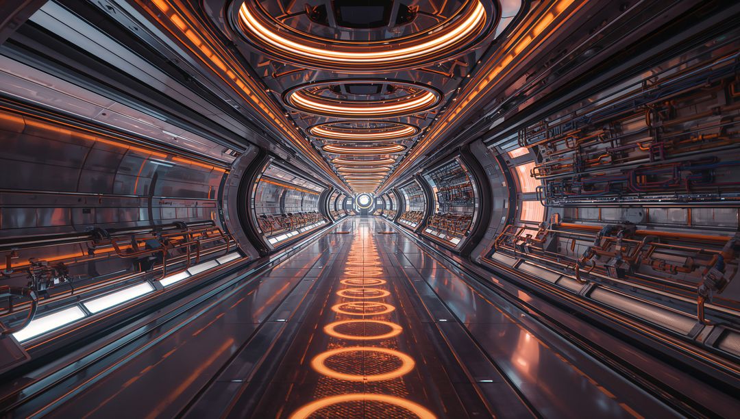 Futuristic Sci-Fi Corridor with Glowing Orange Rings and Metal Panels
