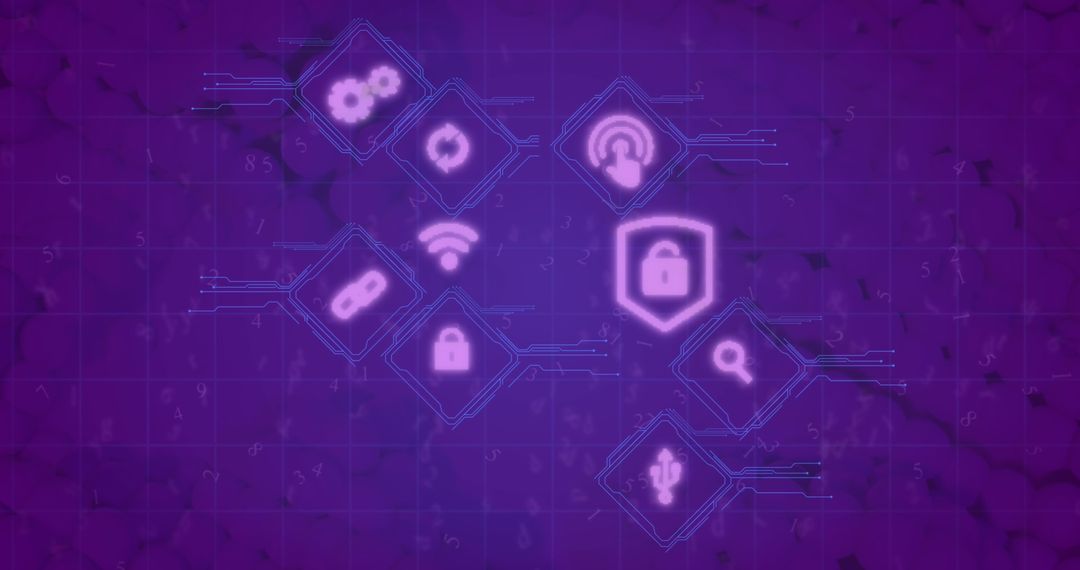 Futuristic Cybersecurity Icons on Purple Digital Background