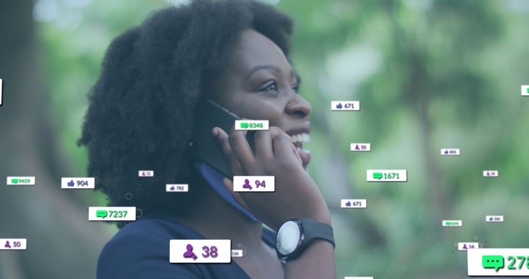 Woman Engaged with Digital Communications Overlaid on Smartphone Usage