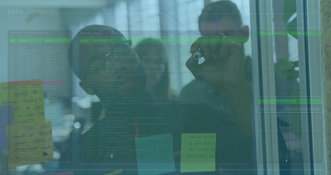 Diverse Team Collaborating on Data Processing Project with Digital Overlay