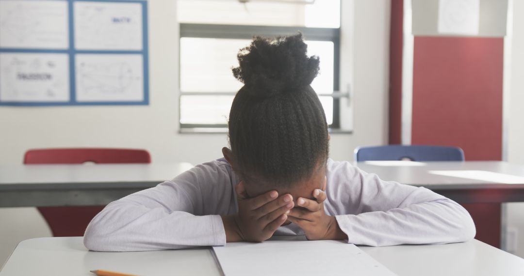Frustrated Student With Head in Hands at School Desk
