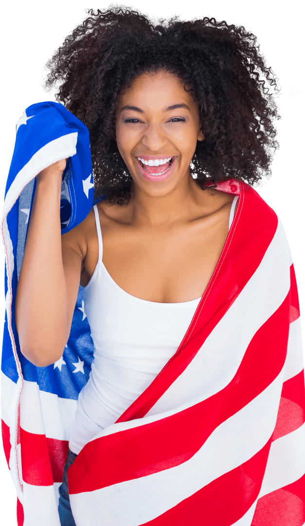 Transparent Happy Woman Wrapped in USA Flag