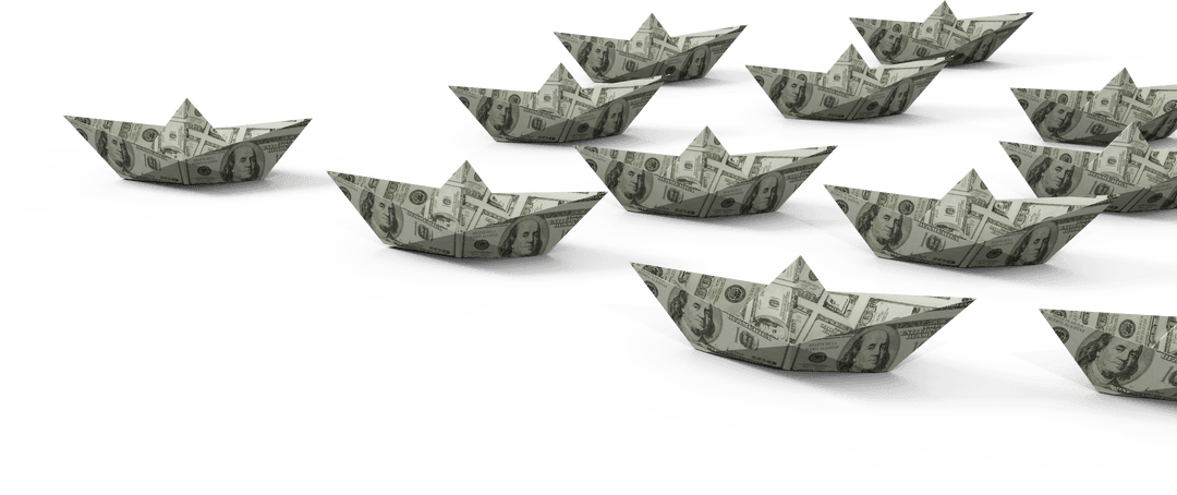 Fleet of Transparent Dollar Boats Representing Financial Strategies