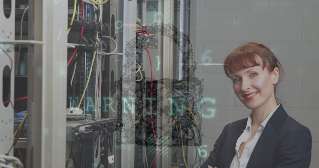 Technology Expert in Server Room with Digital Security Interface