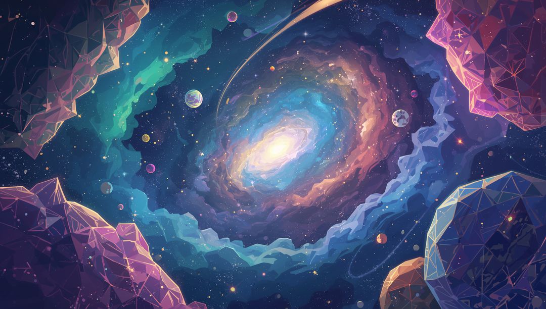 Mystical Spiral Galaxy with Planets and Faceted Asteroids