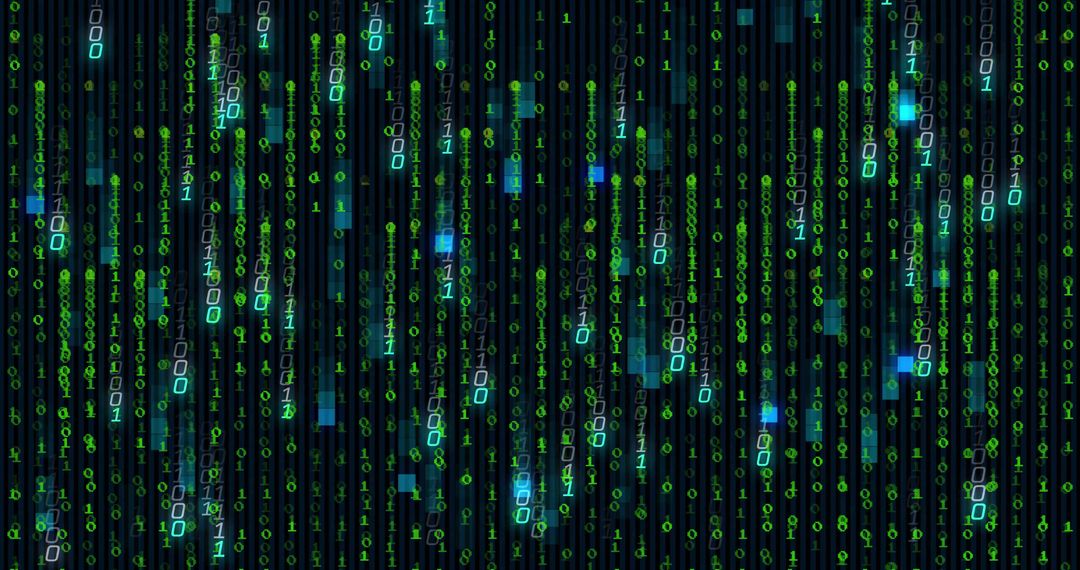 Flowing Binary Code Digital Matrix with Glowing Data Blocks