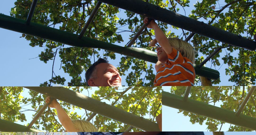 Father Helping Child on Monkey Bars in Sunny Park - Free Images, Stock Photos and Pictures on Pikwizard.com