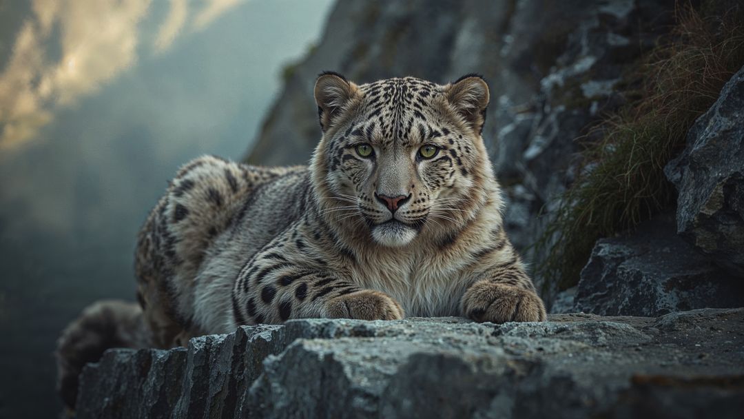 Snow Leopard Resting on Rocky Outcrop in Mountainous Terrain