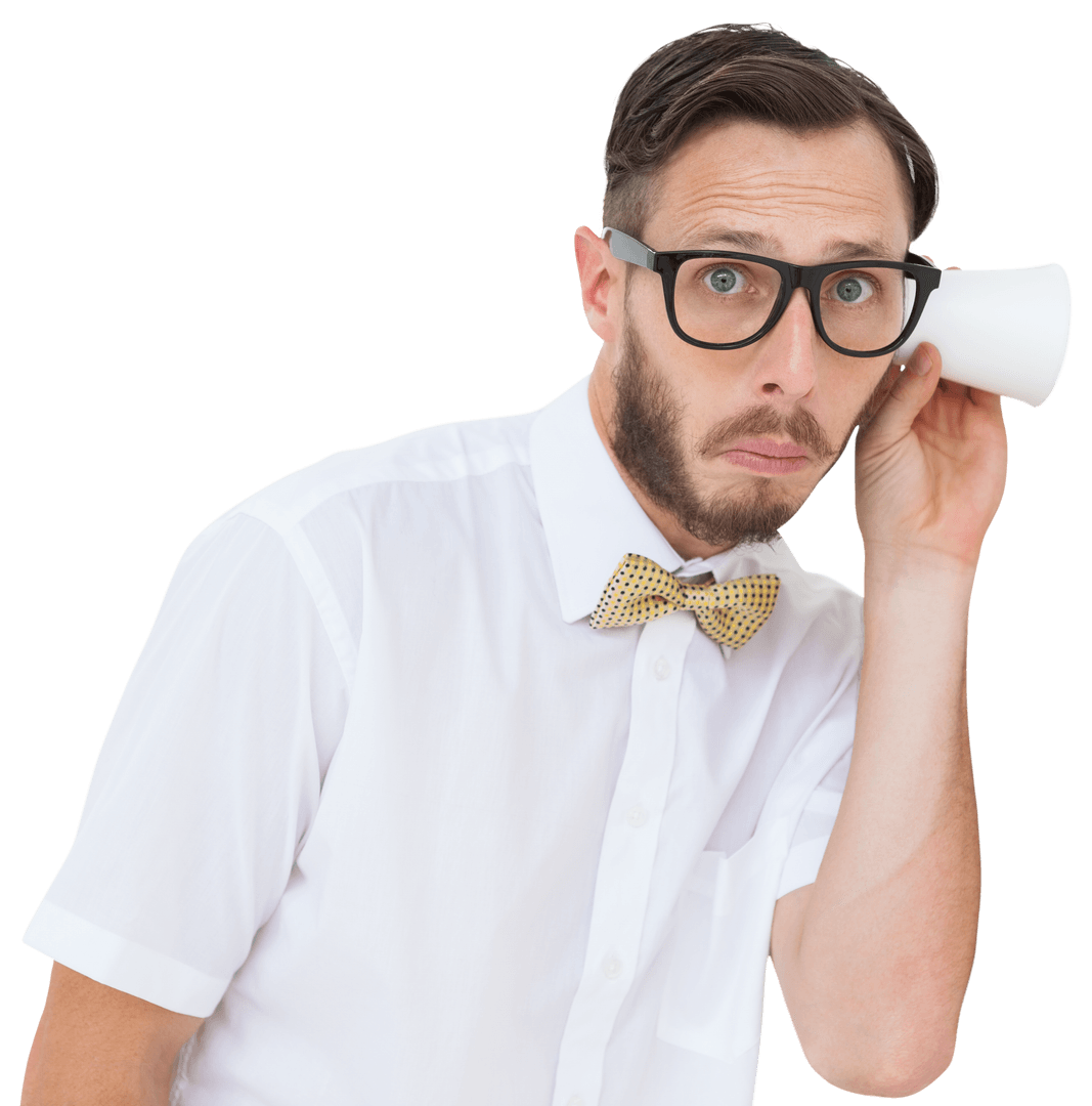 Transparent Image of Curious Businessman Eavesdropping with Cup