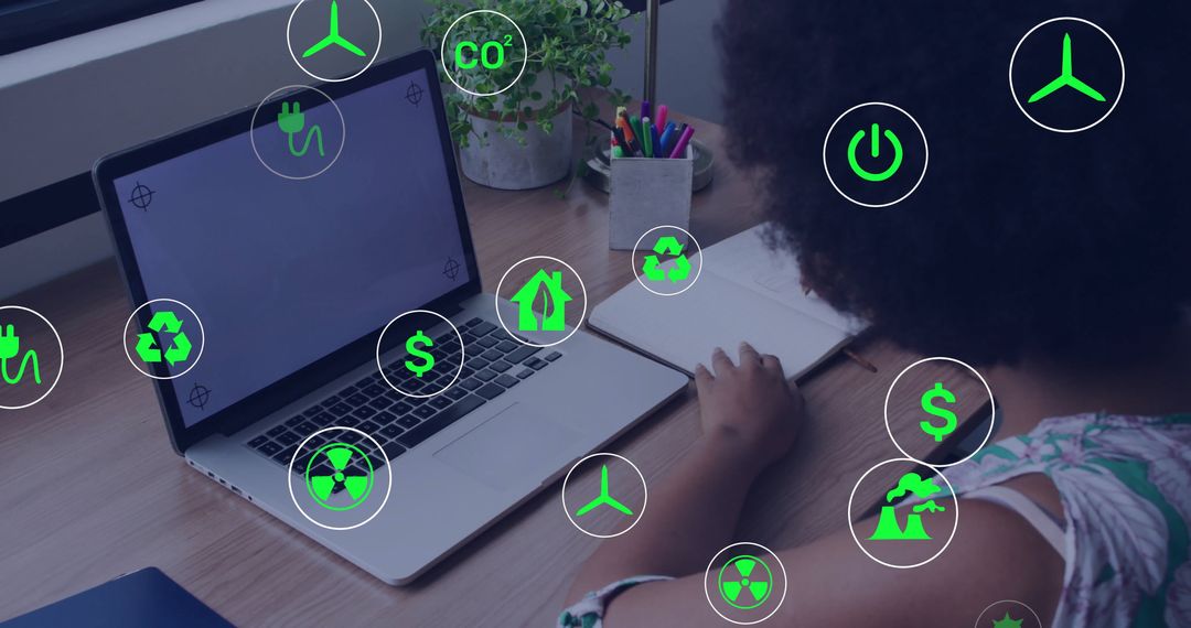 Eco-focused Work Environment with Renewable Icon Overlays