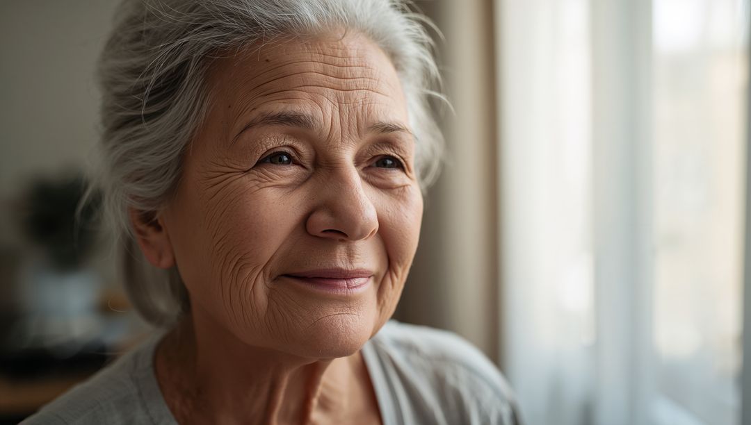 Serene Elderly Asian Woman Gazing by Window in Tranquil Setting