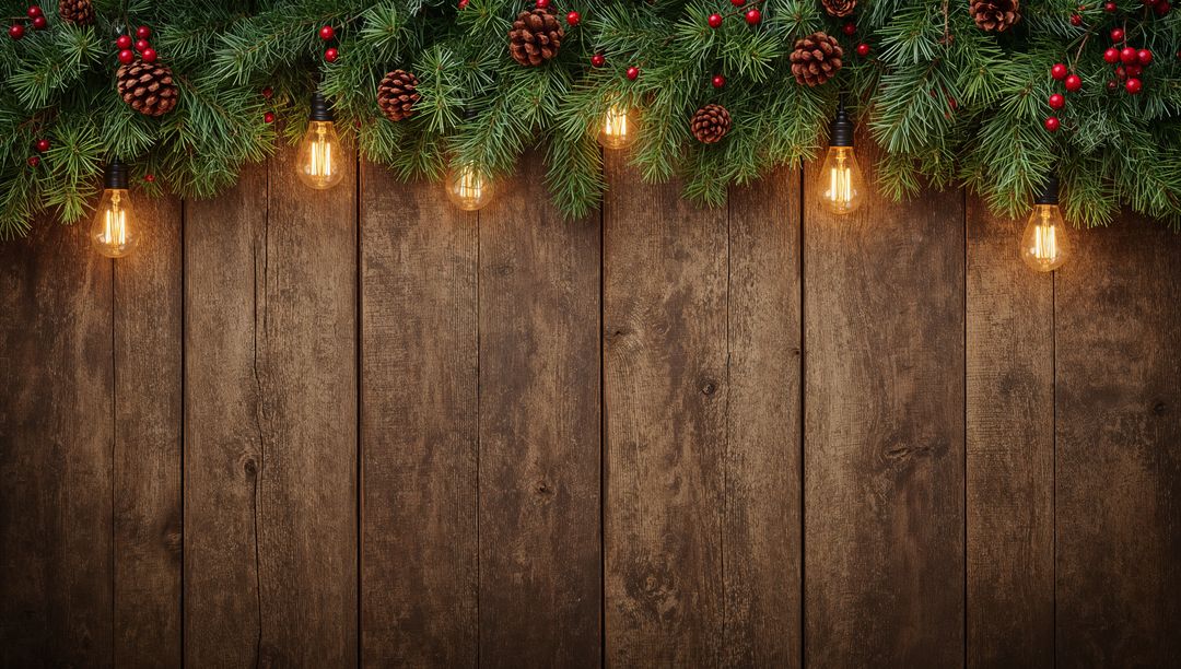 Rustic Christmas Garland with Pinecones, Berries and Warm Filament Bulbs over Wooden Planks