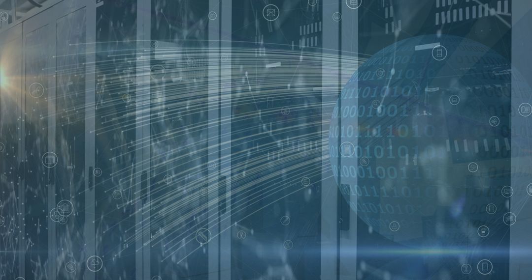 Abstract Data Flow over Server Room with Digital Technology Theme