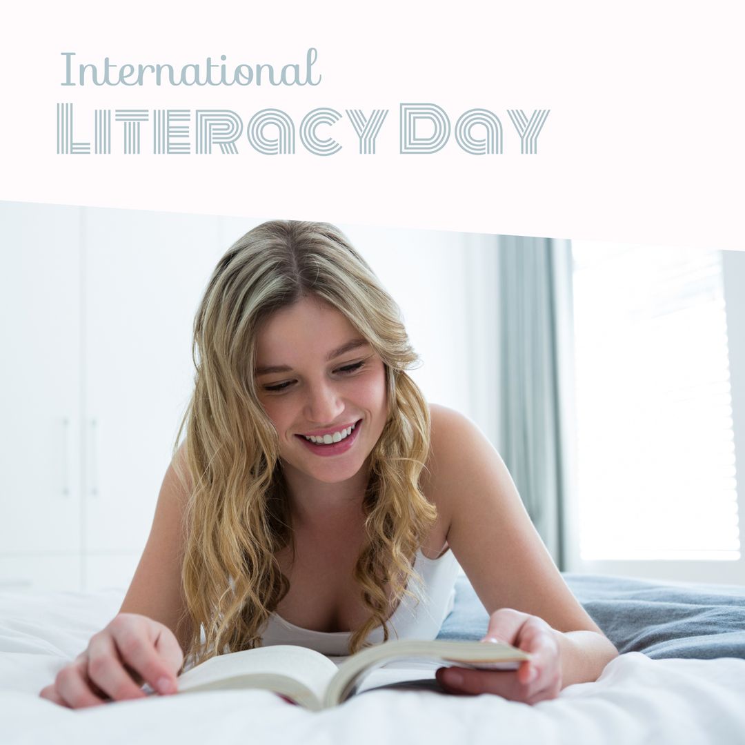 Young Woman Enthusiastically Reading on Bed for Literacy Awareness