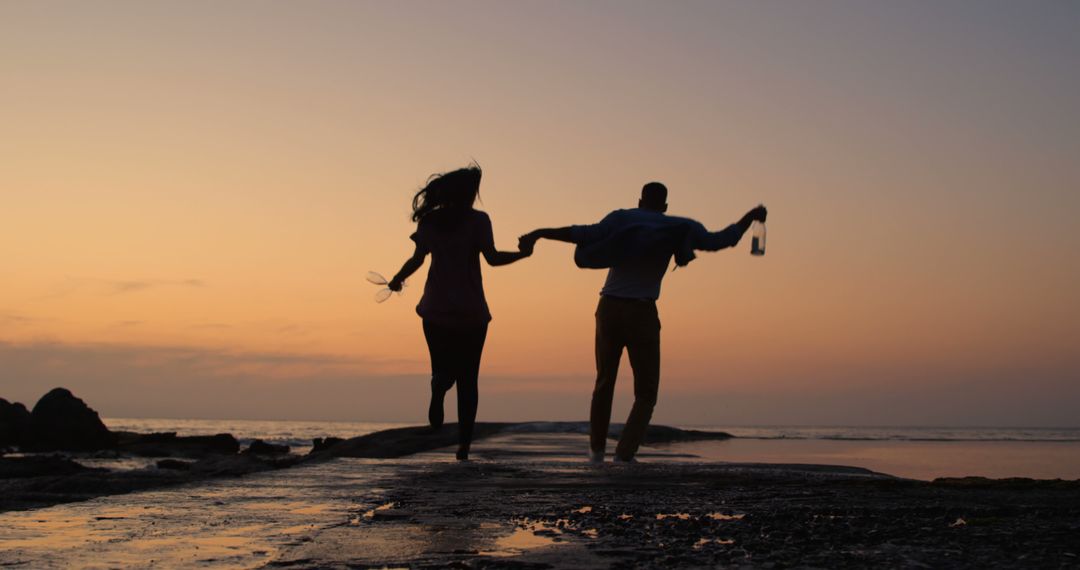 Silhouette of Biracial couple holding hands running at beach - Free Images, Stock Photos and Pictures on Pikwizard.com