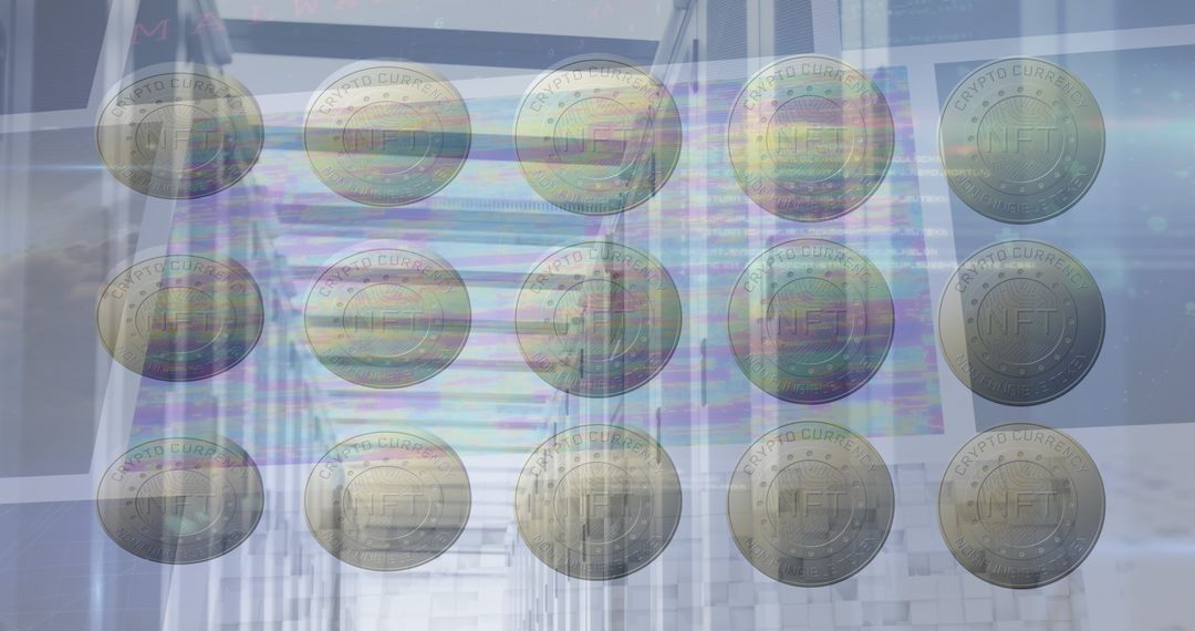 NFT Cryptocurrency Coins Against Digital Server Backdrop