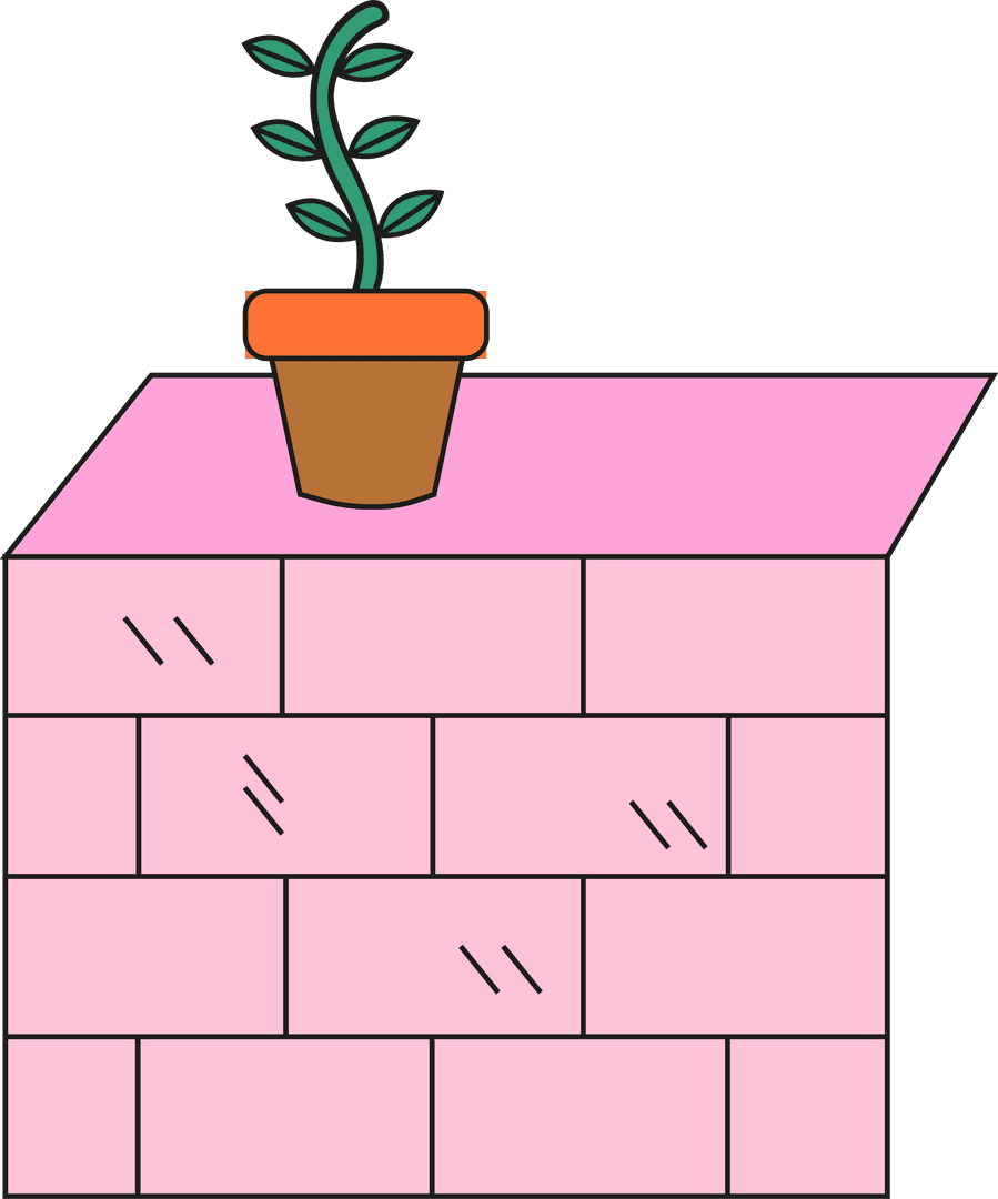 Plant in Orange Pot on Brick Outline Pattern with Transparent Background