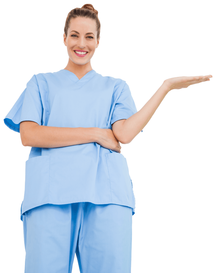 Smiling Caucasian Female Nurse Presenting Against Transparent Background