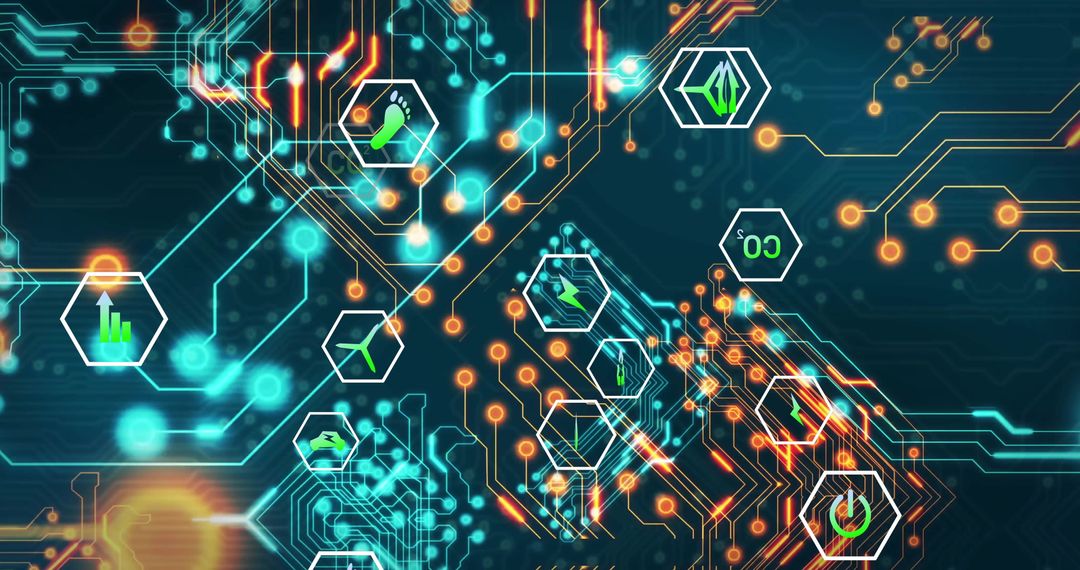 Futuristic Digital Circuit with Eco-Sustainability Symbols