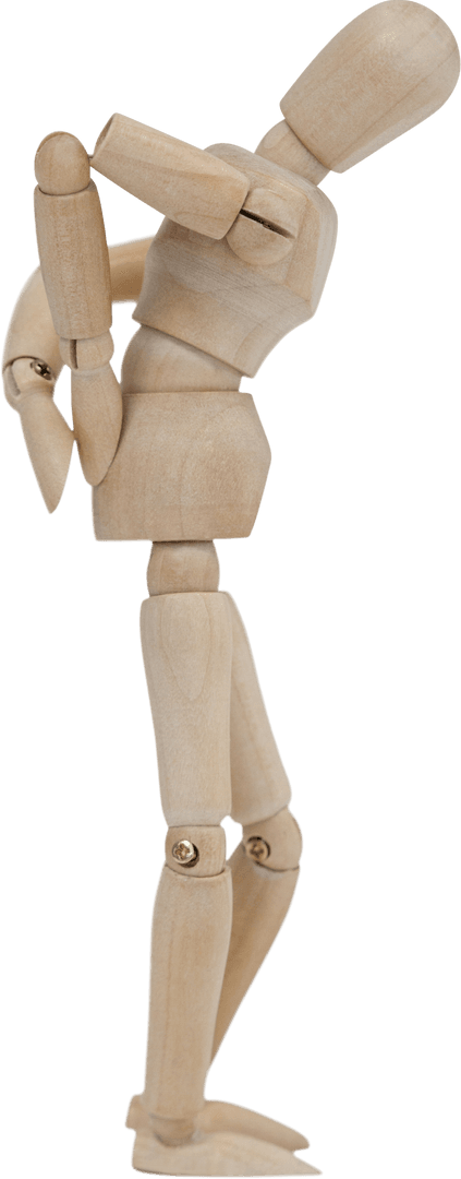 Transparent Wooden Mannequin Showing Back Pain Gesture