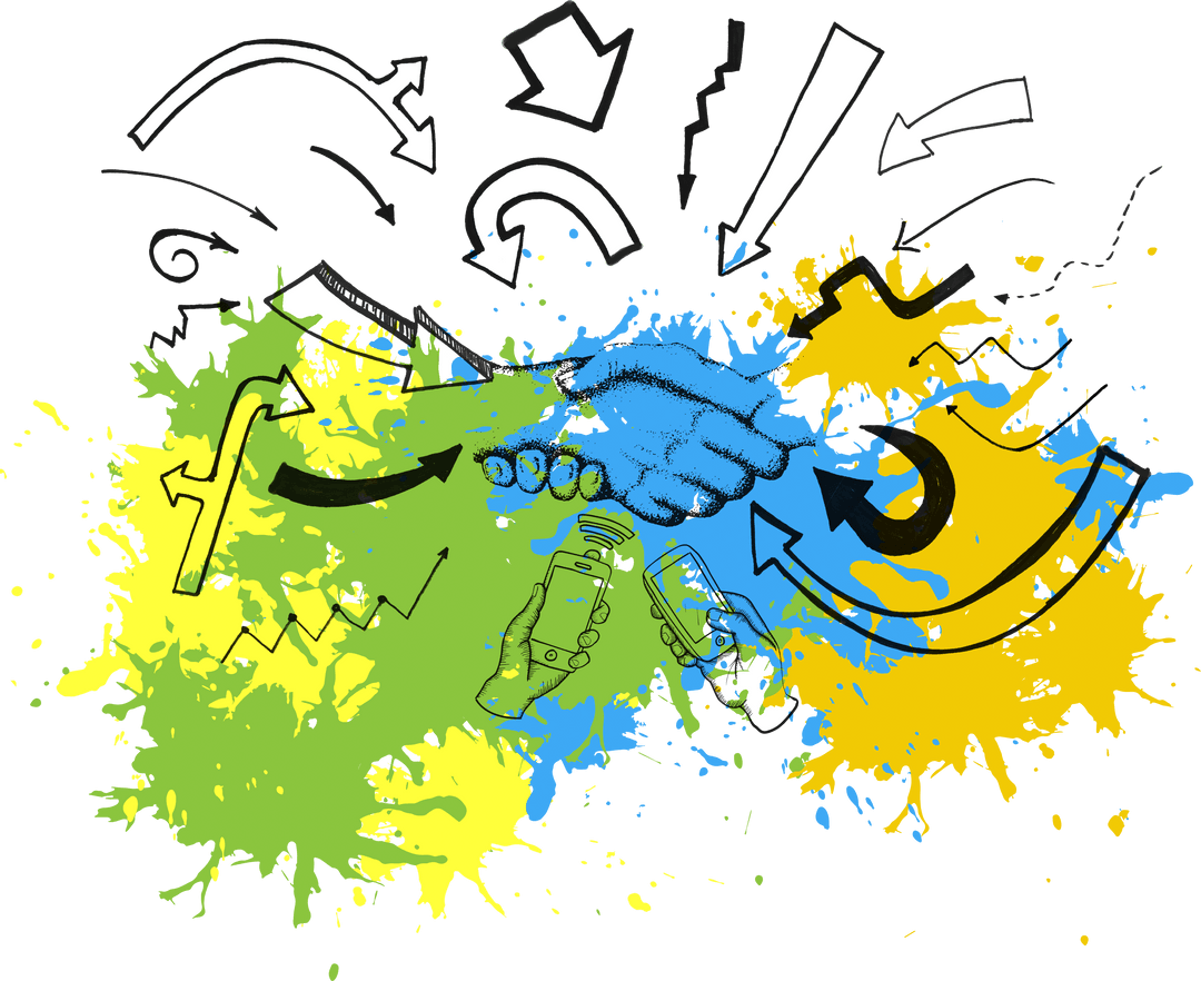 Abstract Hands and Arrows on Colorful Transparent Splatter Background