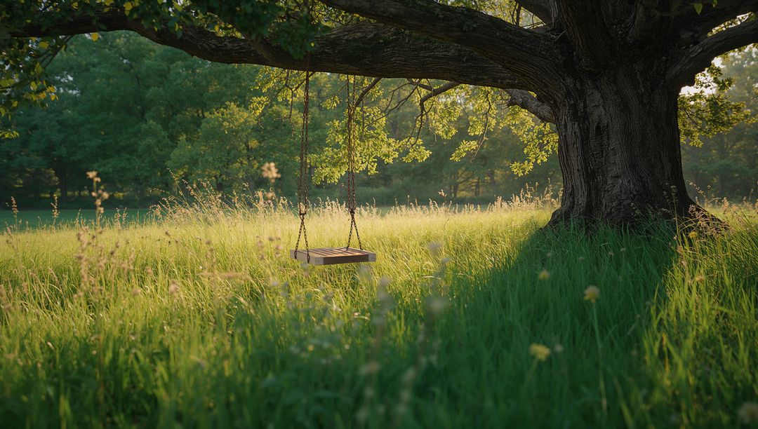 Tranquil Meadow with Wooden Swing Hanging from Tree