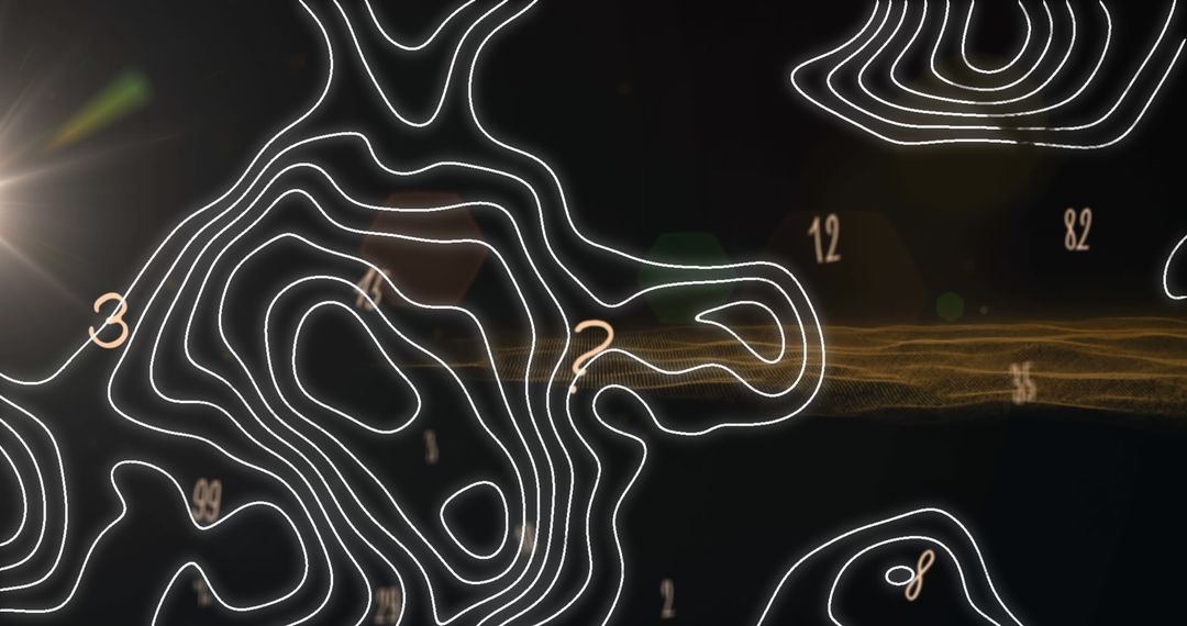 Digital Topographic Lines with Numbers on Dark Background