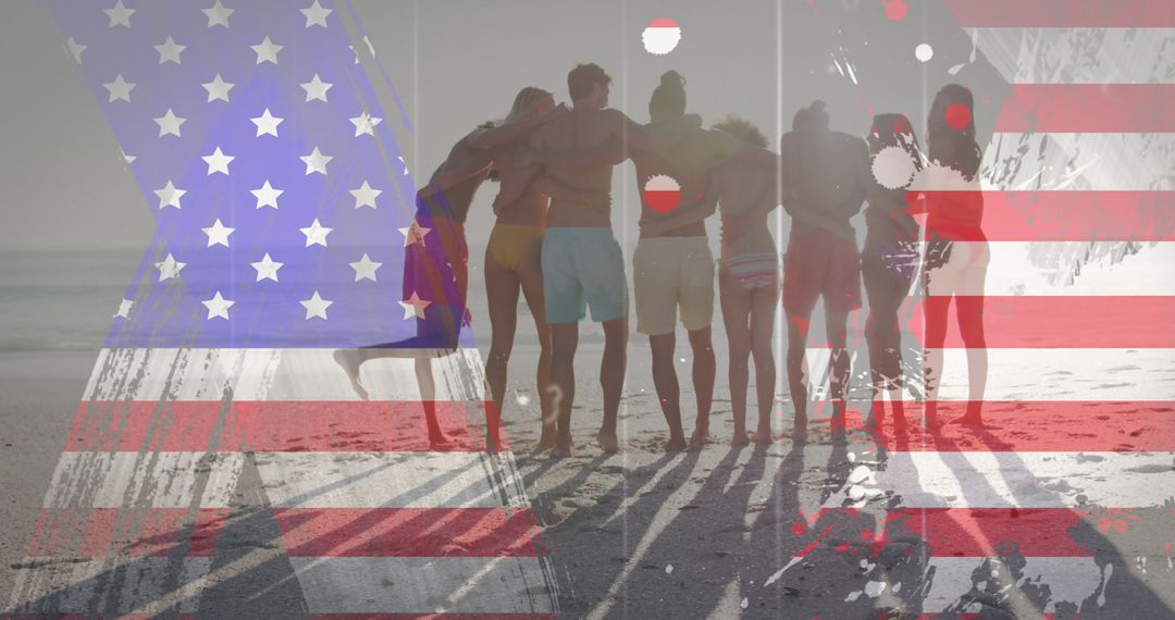 Group of Friends at Beach with American Flag Overlay