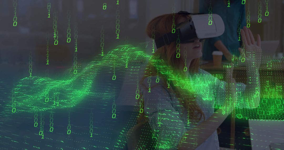 Woman Wearing VR Headset Interacting with Digital Binary World