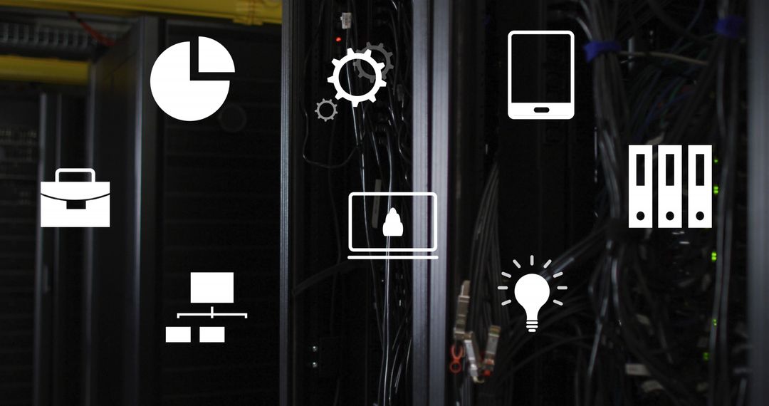Digital Icons and Technologies Overlaid on Data Center Server