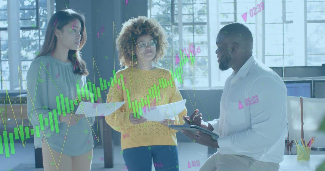 Colleagues Discussing Data Analysis with Virtual Graph Overlay