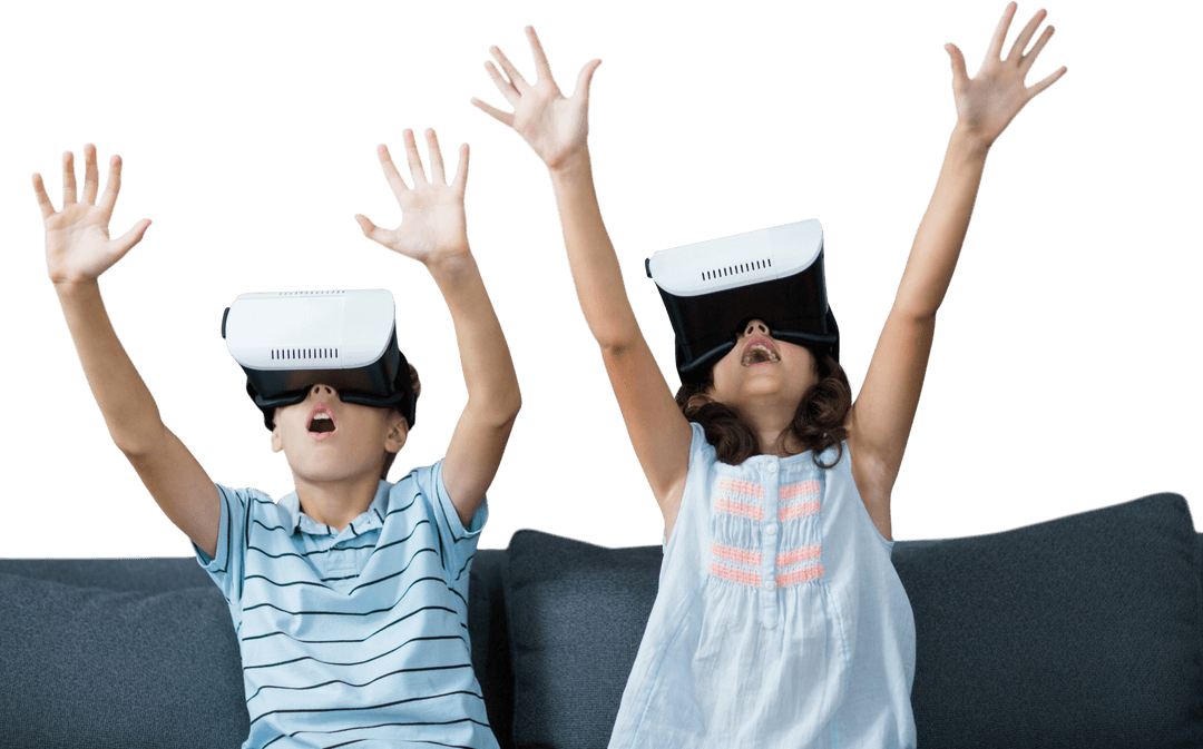 Caucasian Children Enjoying Virtual Reality on Transparent Background