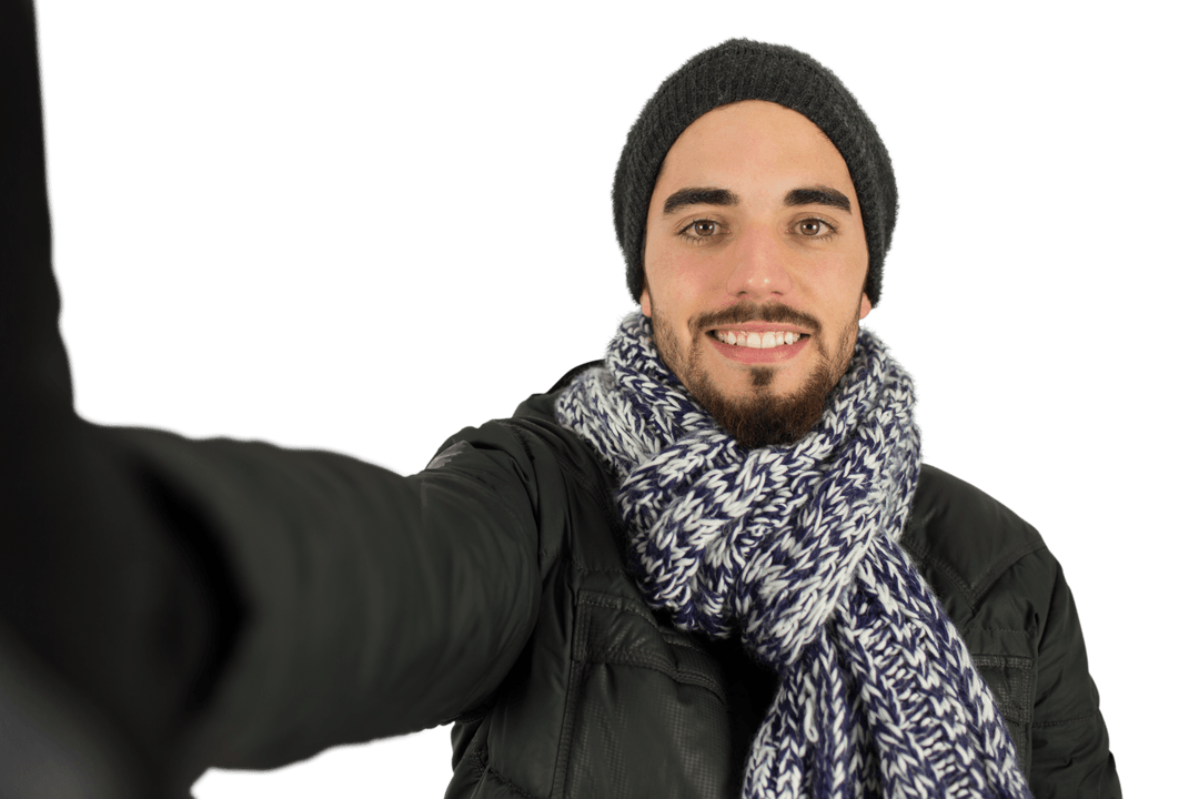 Smiling Young Man Taking Selfie Gesture On Transparent Background