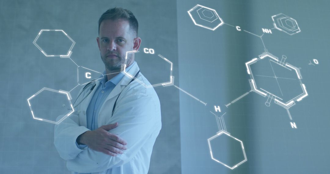 Doctor Analyzing Advanced Chemical Structures in Virtual Interface