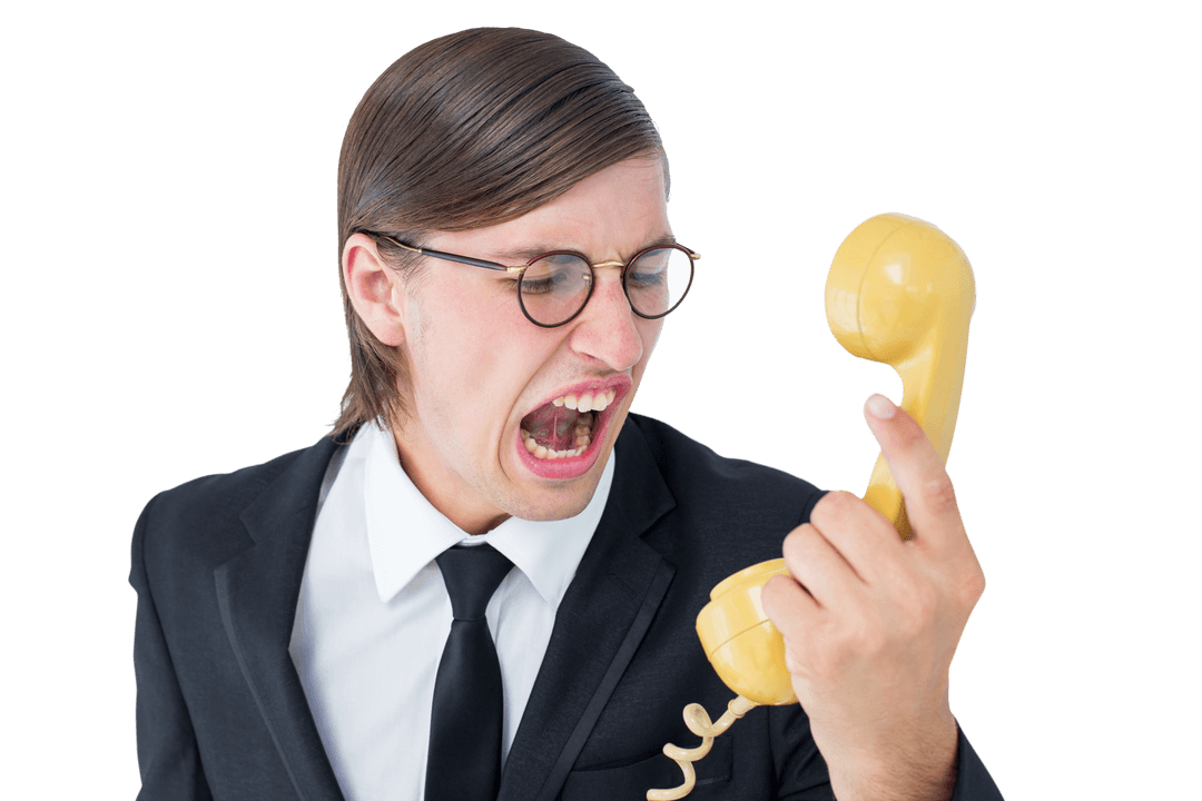 Geeky Businessman Yelling at Retro Telephone Transparent Background
