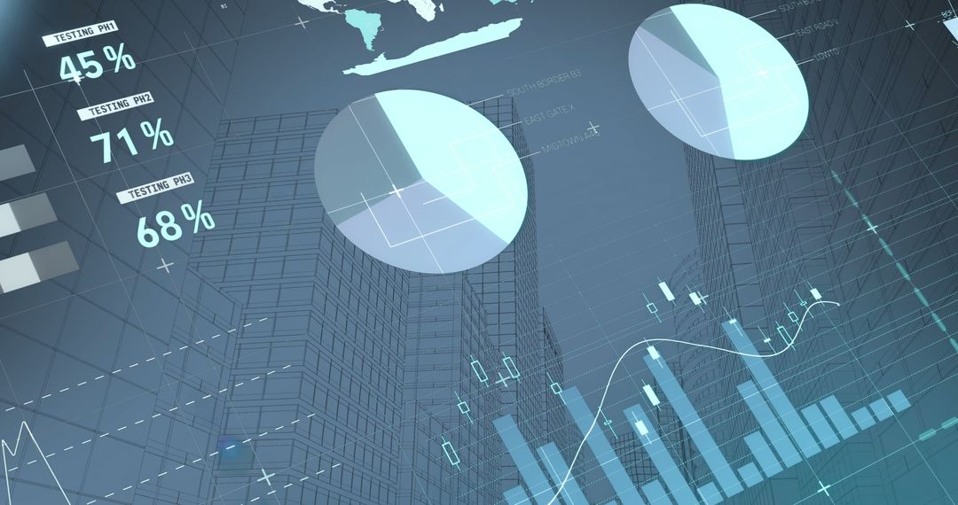 Futuristic Financial Chart Overlay with Cityscape Background