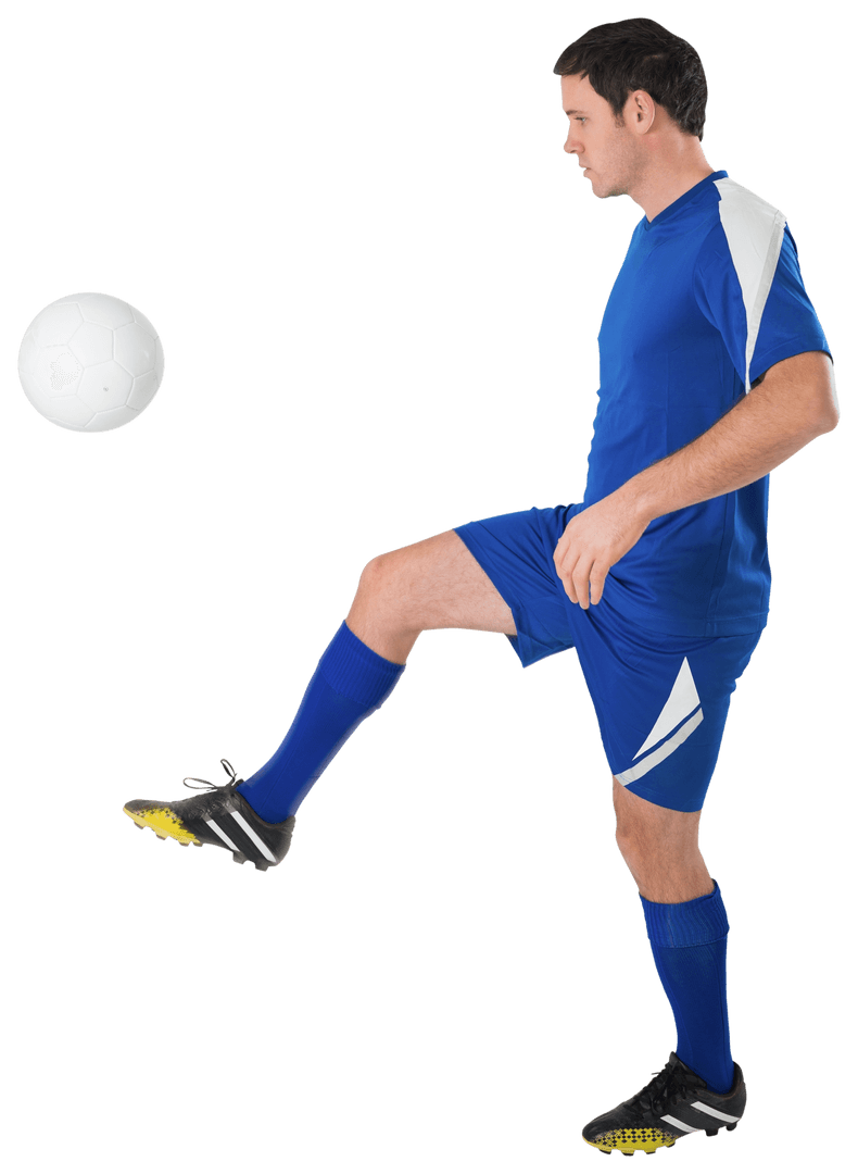 Transparent Football Player in Blue Uniform Kicking Ball