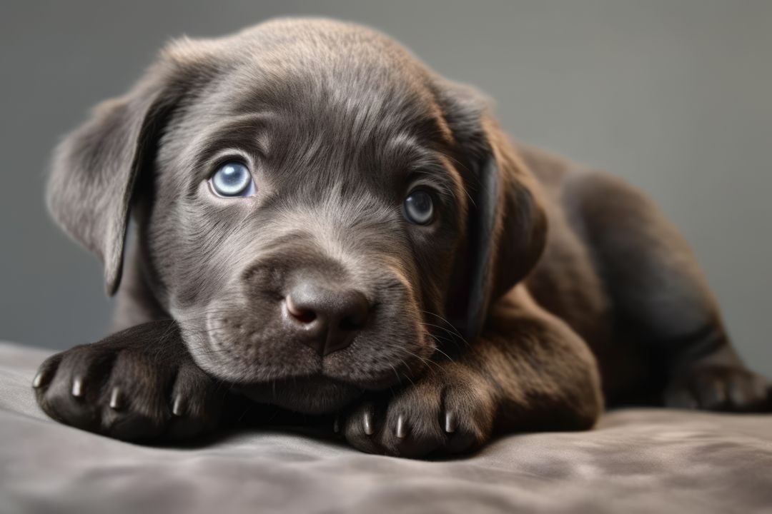 Portrait of cute grey puppy with blue eyes lying on sitting, created using generative ai technology - Free Images, Stock Photos and Pictures on Pikwizard.com