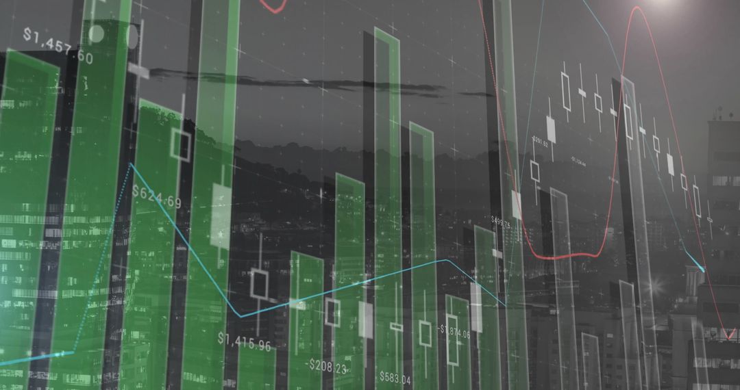 Digital Financial Data Over Urban Cityscape at Dusk