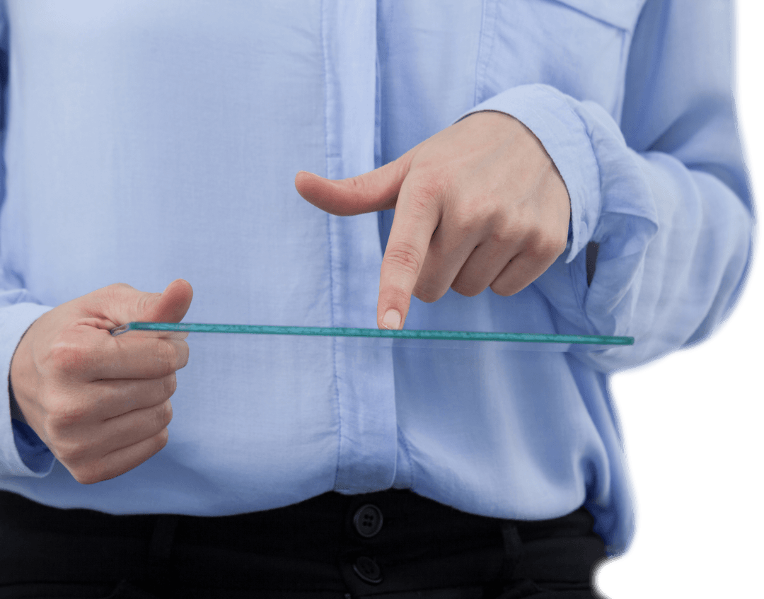 Businesswoman Pretending Using Transparent Tablet Interface