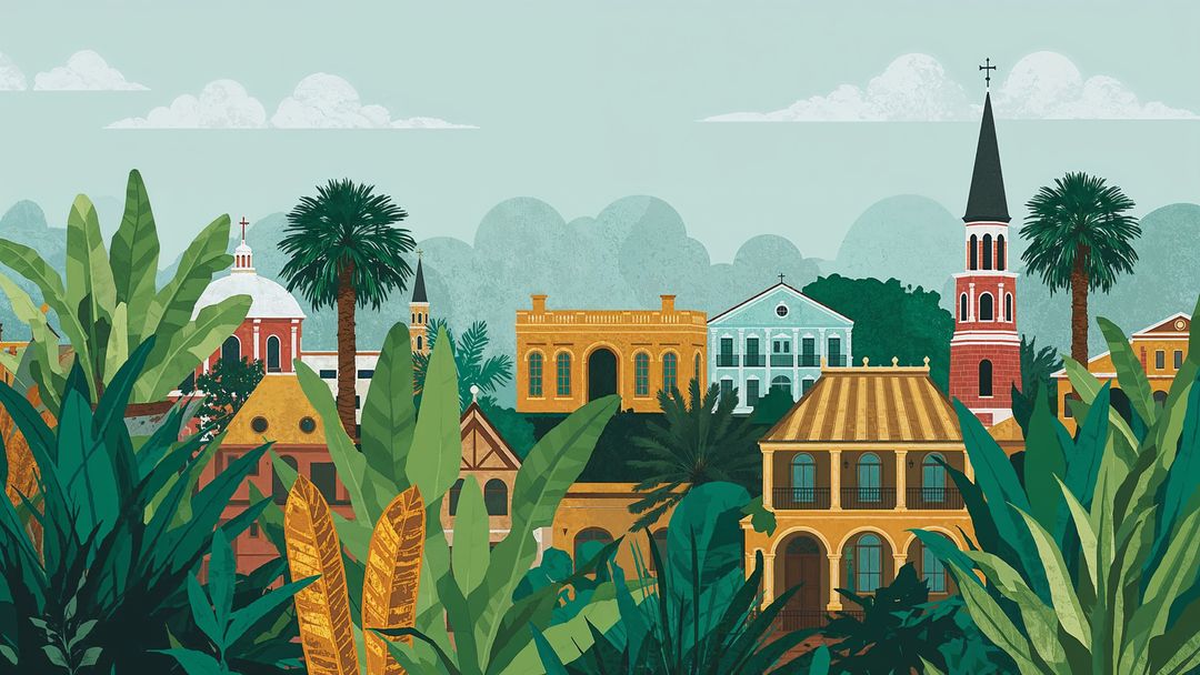 Louisiana tropical cityscape with colonial architecture and church steeple