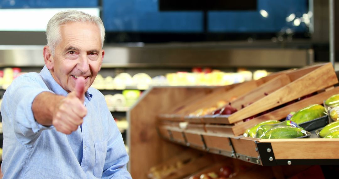 Senior Man Giving Thumbs Up in Grocery Store Produce Section - Free Images, Stock Photos and Pictures on Pikwizard.com