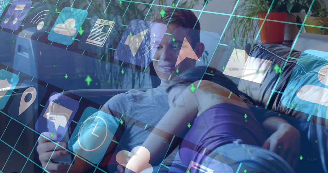 Couple Relaxing on Couch Using Smartphone with Media Icons Overlay