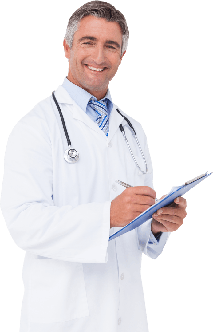 Transparent Doctor Smiling While Writing on Clipboard