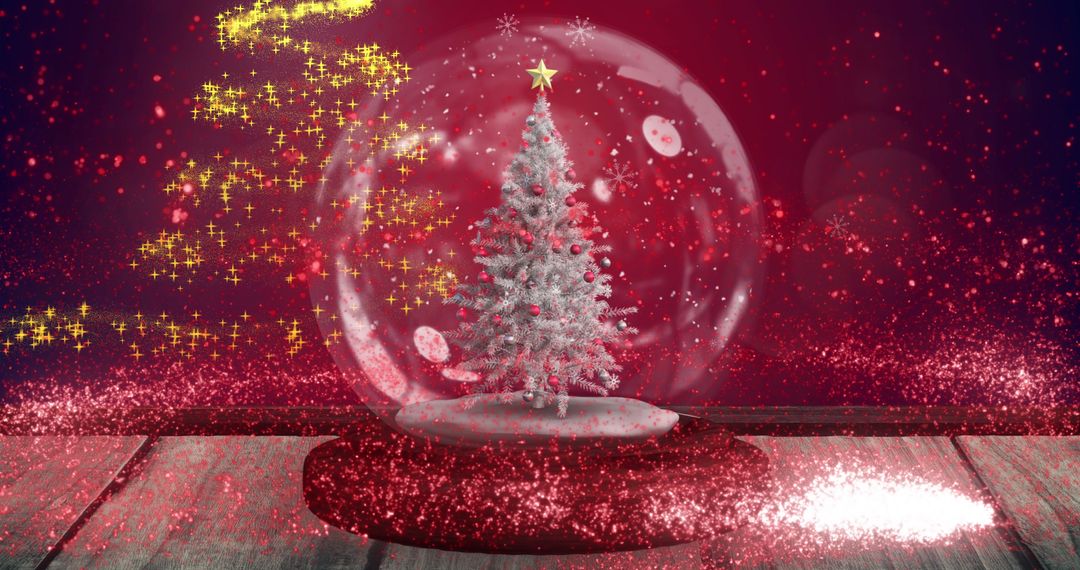 Snow Globe with Festive Tree against a Sparkling Red Background