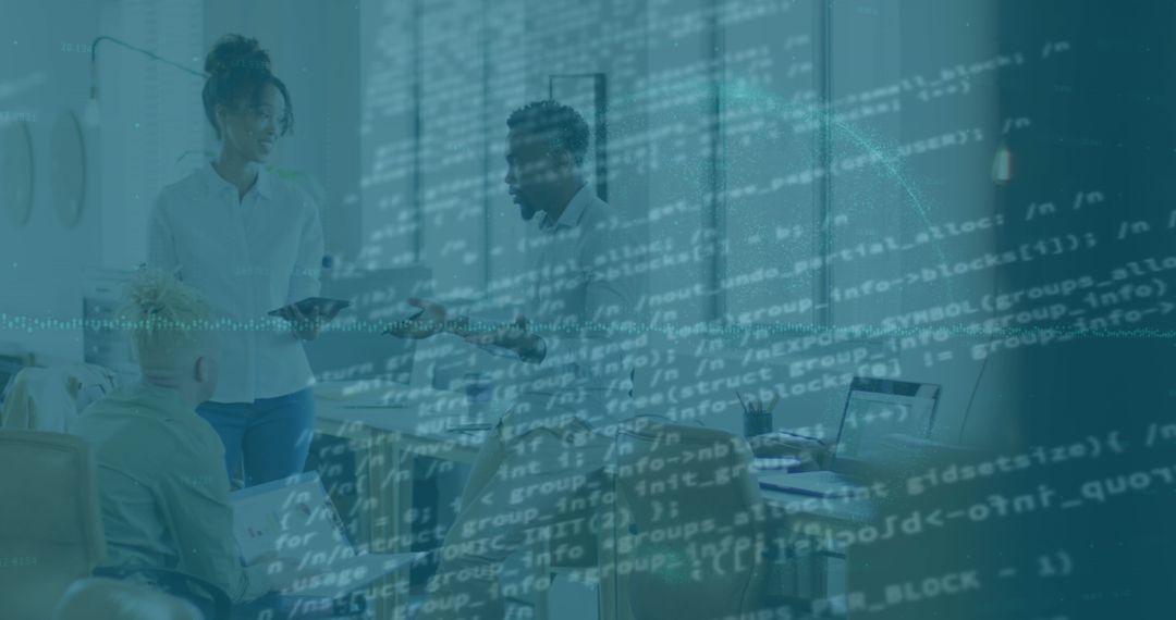 Business Team Analyzing Financial Data with Digital Overlap